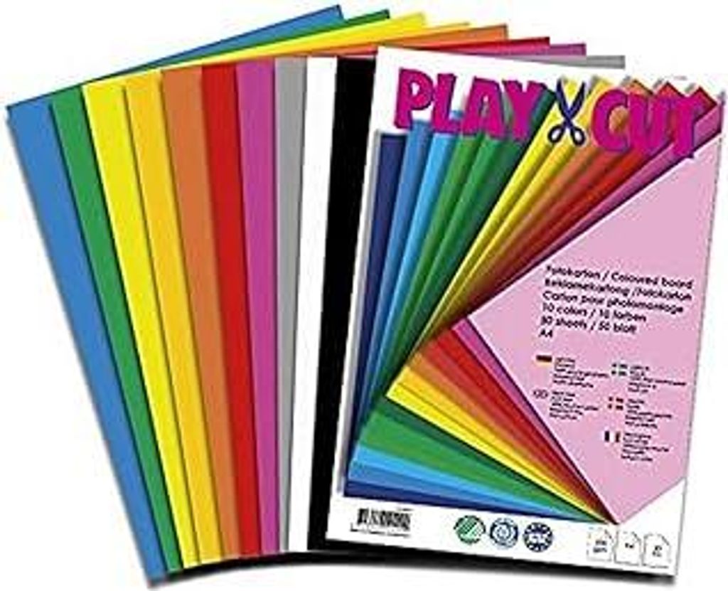 PLAY-CUT Fotokarton A4 Set (300g/m2) | 50 Bogen Din A4 Foto Karton Bunt mit 10 Verschiedenen Farben | Dickes Foto Papier | Premium Druckerpapier Di...
