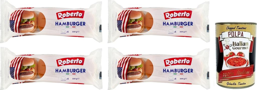 4x Roberto Hamburger Brot,Packung mit 300g, Jede Packung enthält 6 Hamburger Buns + Italian Gourmet Polpa di Pomodoro 400g Dose