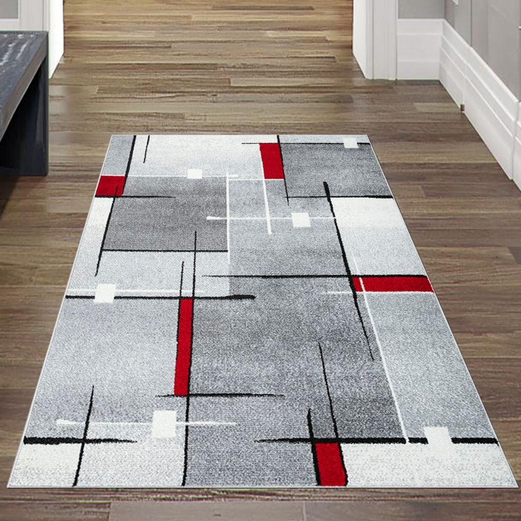 Moderner Teppich mit geometrischem Design in Grau, Weiß und Rot – Wohnzimmerteppich Größe - 80x140 cm