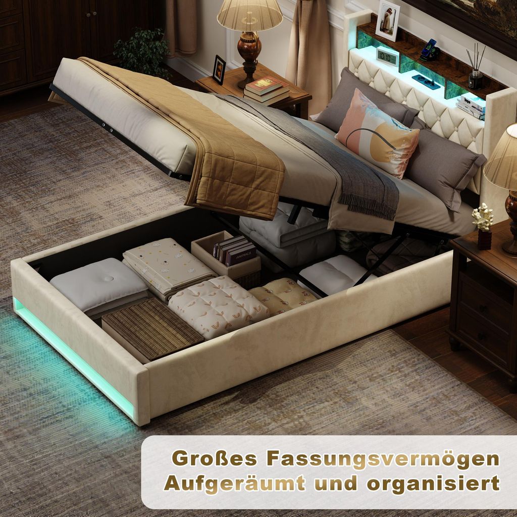 A bed with its storage compartment open, revealing stored items. The bed has LED lighting at its base.
