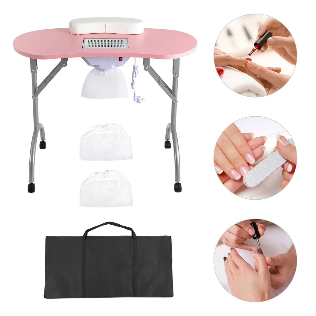 Bureau à ongles portable rose avec aspiration pour prothésiste ongulaire