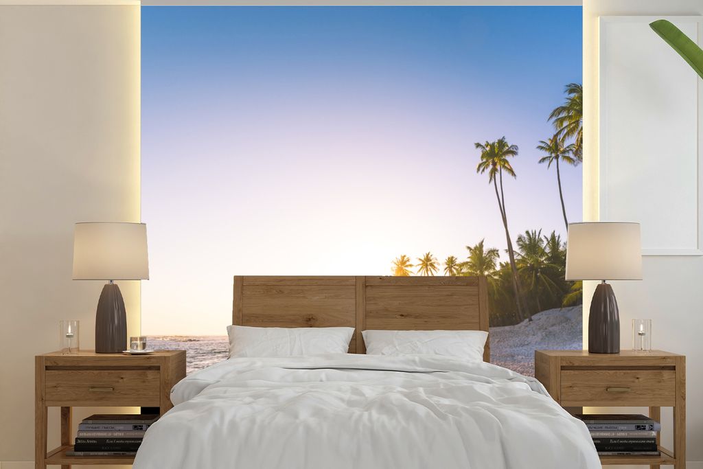 MuchoWow Fototapete für Wohnzimmer oder Schlafzimmer Wandtapete Vinyl Motivtapete Sonne - Strand - Palme - 220x220 cm - Tapeten