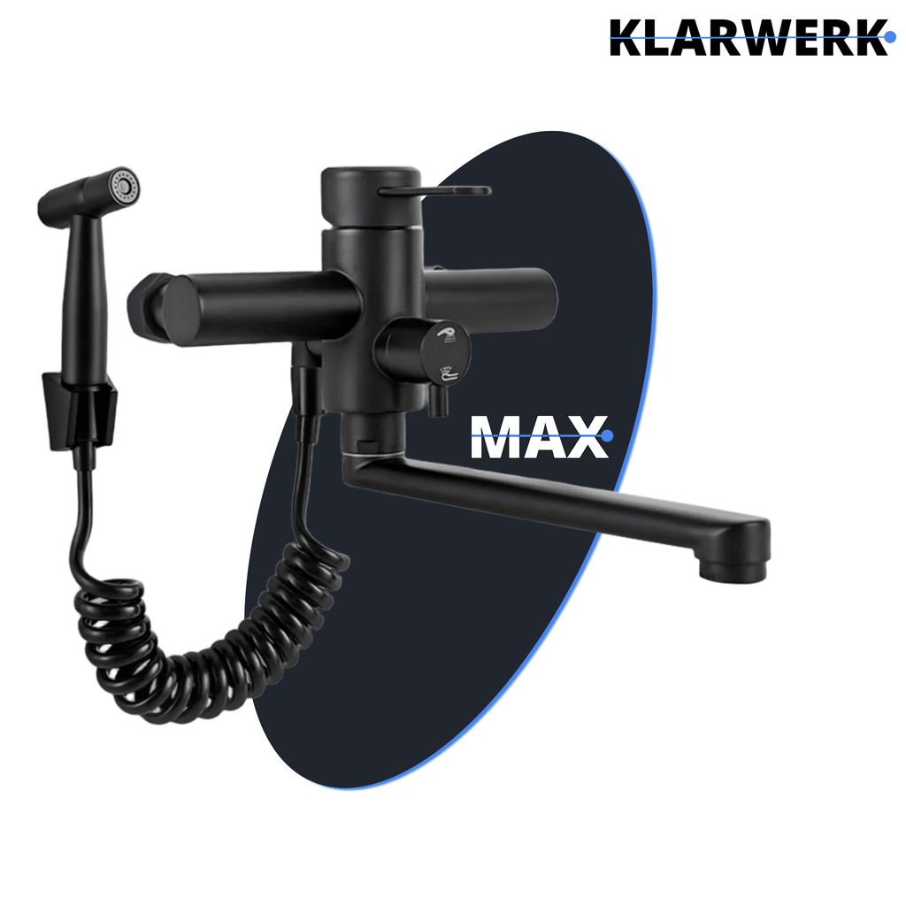 MAX | Gastronomie Mischbatterie Wandmontage Armatur Schwarz| Profi Küchenarmatur Edelstahl mit Handbrause | Wasserhahn Restaurant Wand flacher Aus...