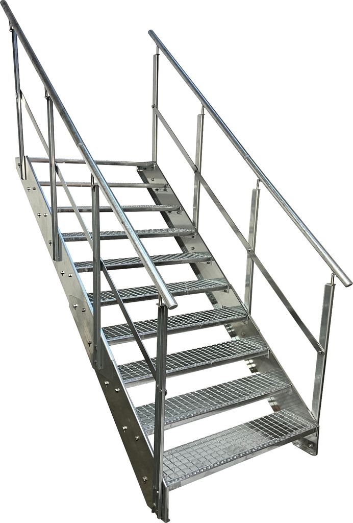 Stahl Wangentreppe Gitterroststufen 10 Stufen beidseitiges Geländer - Verzinkt - (B x H x T) 140 x 190 x 196 cm