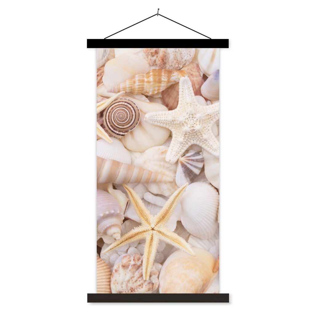 MuchoWow Textilposter Seestern - Muscheln - Strand - Sommer 40x80 cm mit schwarzem Rahmen - Wandemalerei