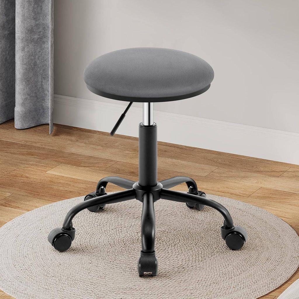 EUGAD Schminkhocker höhenverstellbar, Drehhocker mit Rollen, runder Hocker 360° drehbar, Samt, Rosa, Dunkelgrau