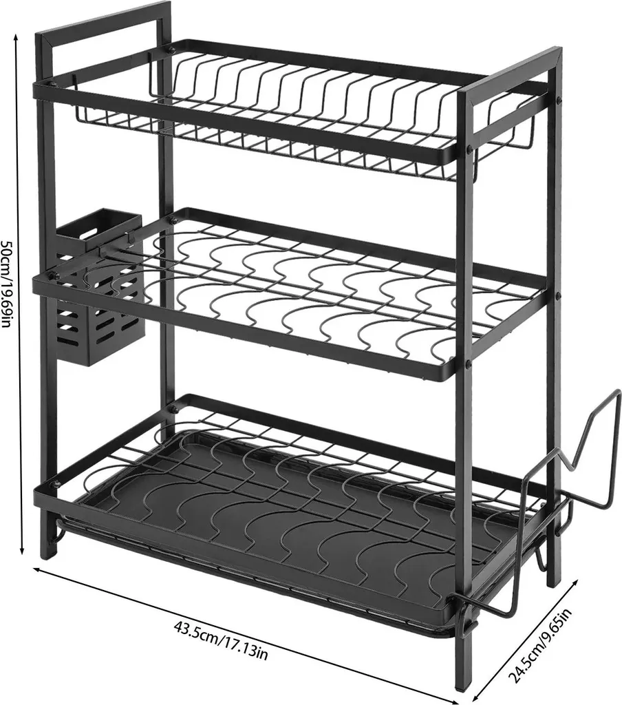 Scolapiatti Design Moderno Nero 3 Piani - Struttura Ferro Antiruggine