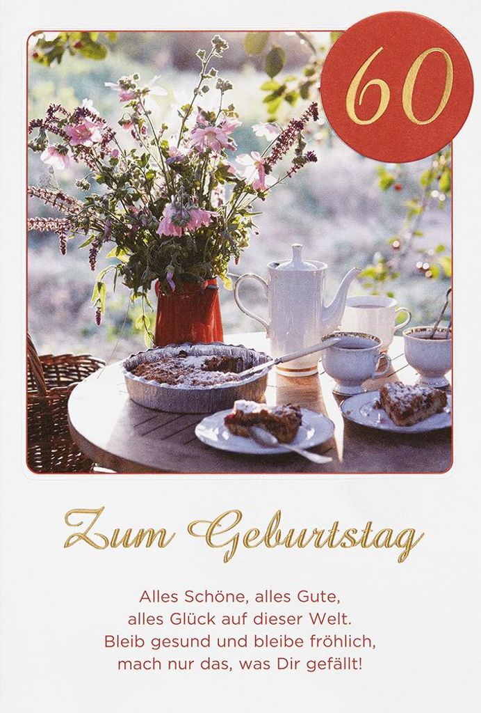60. Geburtstag unverpackte Glückwunschkarte mit Umschlag Kuchentisch alles Schöne alles Gute alles Glück