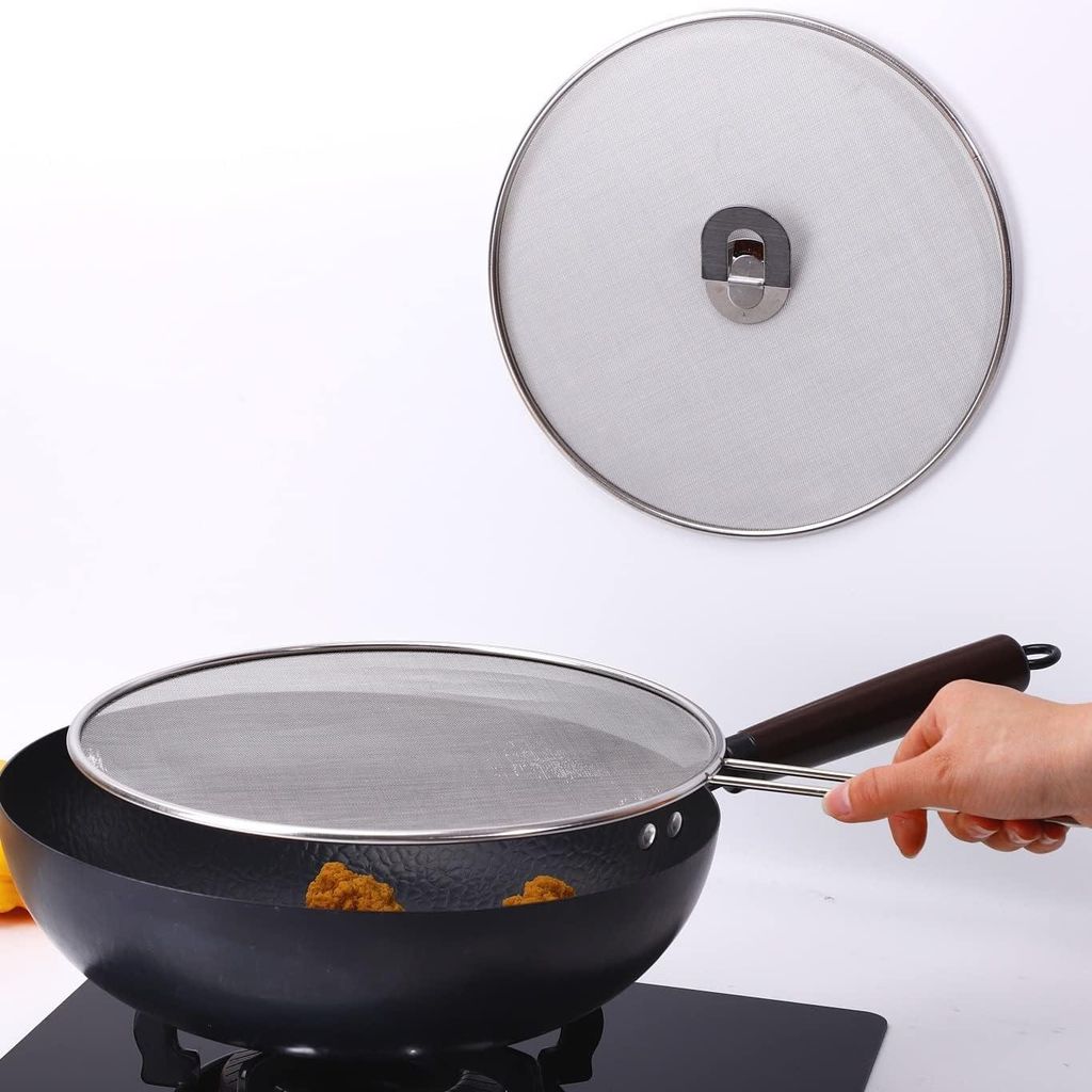 Set aus 2 Edelstahl Spritzschutz mit klappbarem Küchengriff für Bratpfannen Öldeckel (25 cm + 32 cm)
