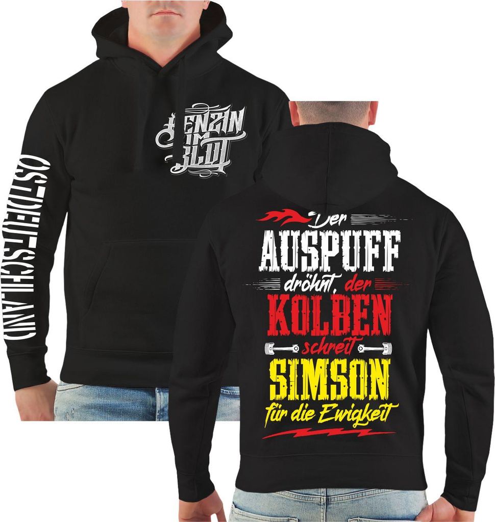 Herren Kapuzenpullover Benzin im Blut Simson Moped Spruch auf dem Rücken