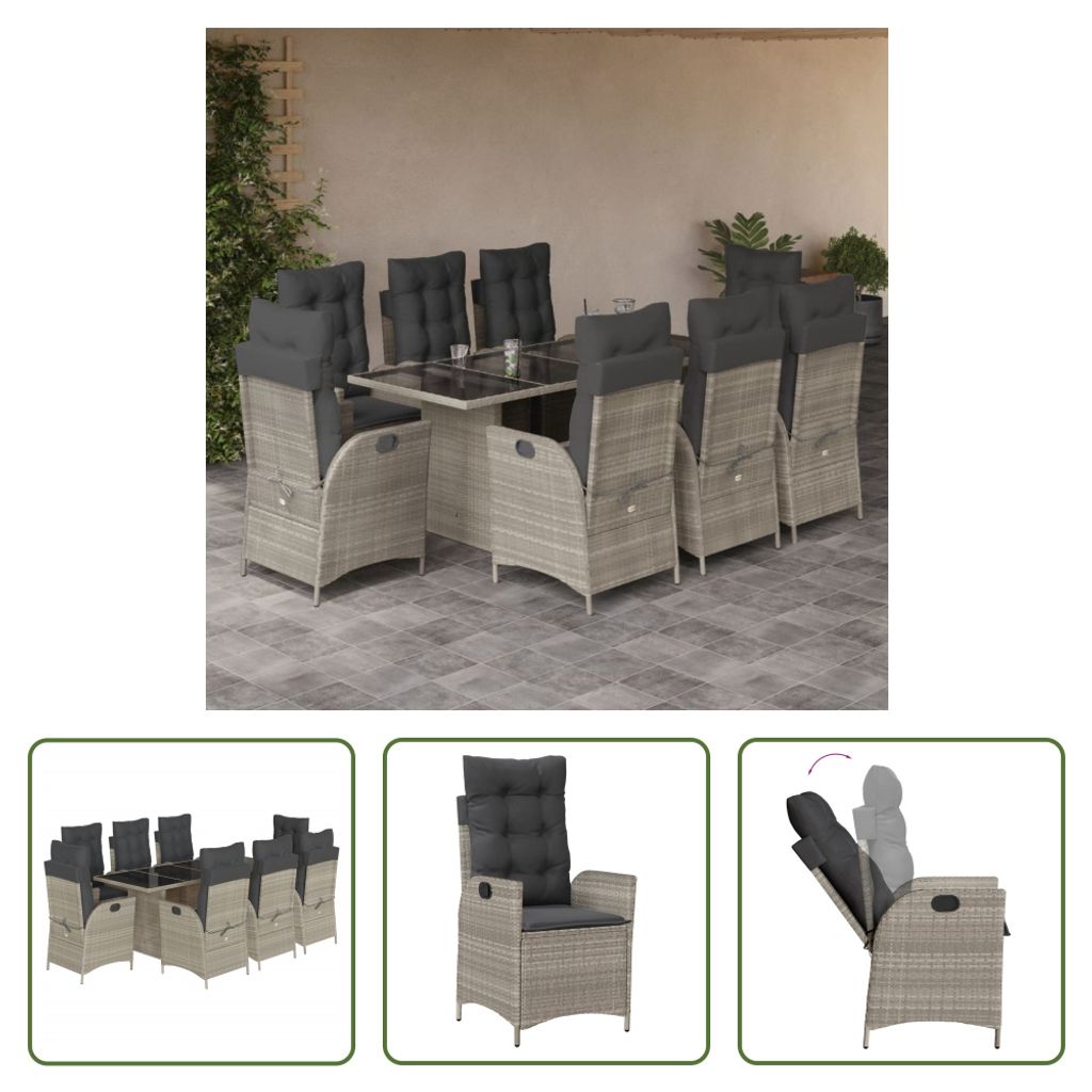 The Living Store 9-tlg. Garten-Essgruppe mit Kissen Hellgrau Poly Rattan