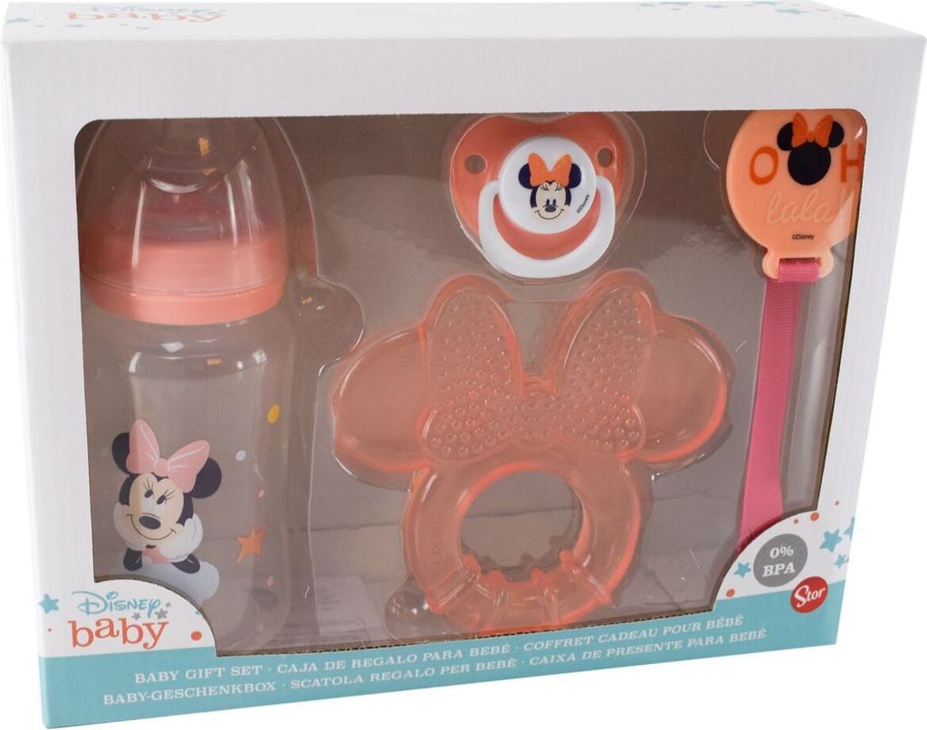 STOR 4-teiliges Disney Minnie Set für Kinder, BPA-frei, mit Flasche, Schnuller, Schnullerhalter und Beißring, waschbar und wiederverwendbar