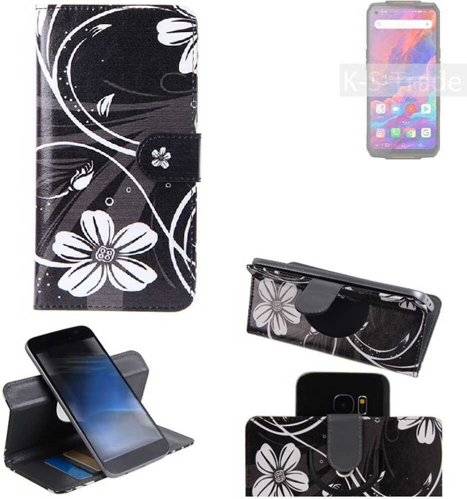 K-S-Trade Schutzhülle Handyhülle kompatibel mit Oukitel WP7 Hülle 360° Wallet Case ''Flowers'' Klapphülle Hülle schwarz-weiß 1x