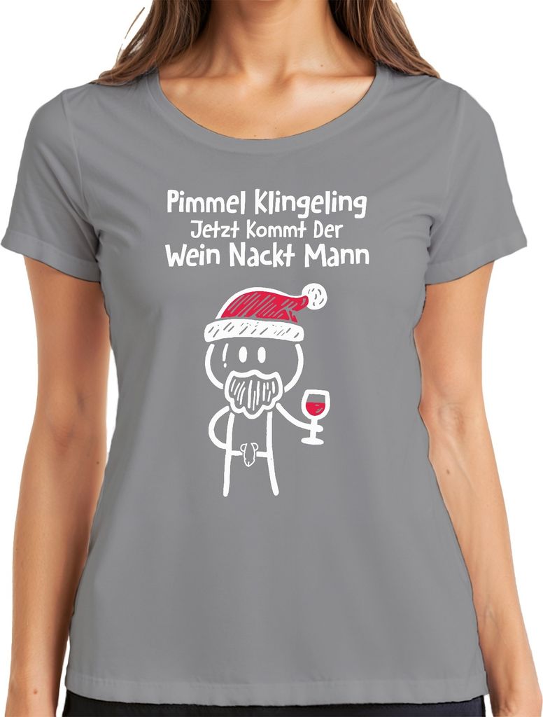 Jetzt kommt der Wein Nackt Mann Lustiger Weihnachtsspruch - Weihnachten Weihnachtsgeschenk Christmas Damen T-Shirt, Grau, XL