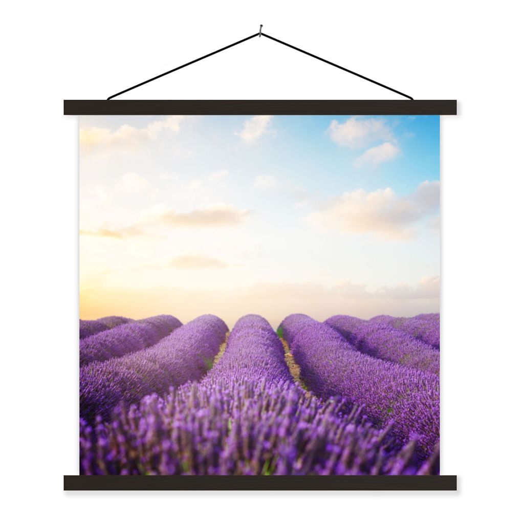 MuchoWow Textilposter Lavendel - Himmel - Wolken - Blumen 120x120 cm mit schwarzem Rahmen - Aufhängungsset