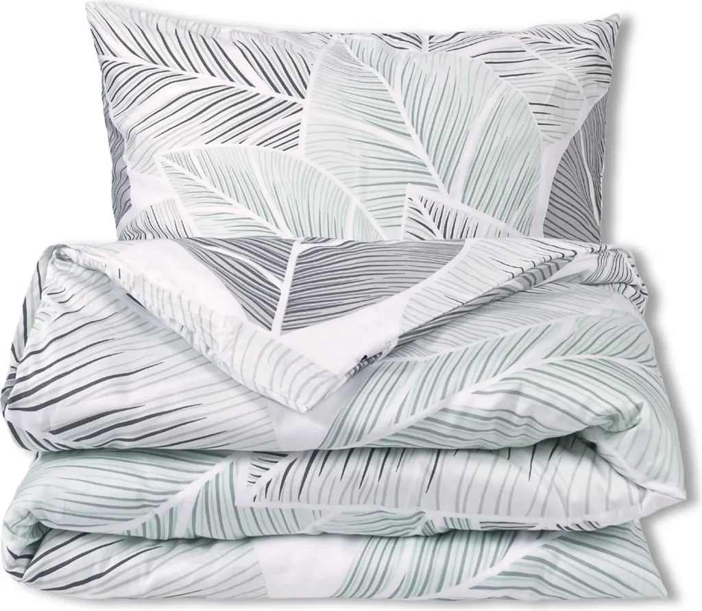 Set di biancheria da letto in raso 220x200 Foglie ESCLUSIVE nei toni del verde e del grigio