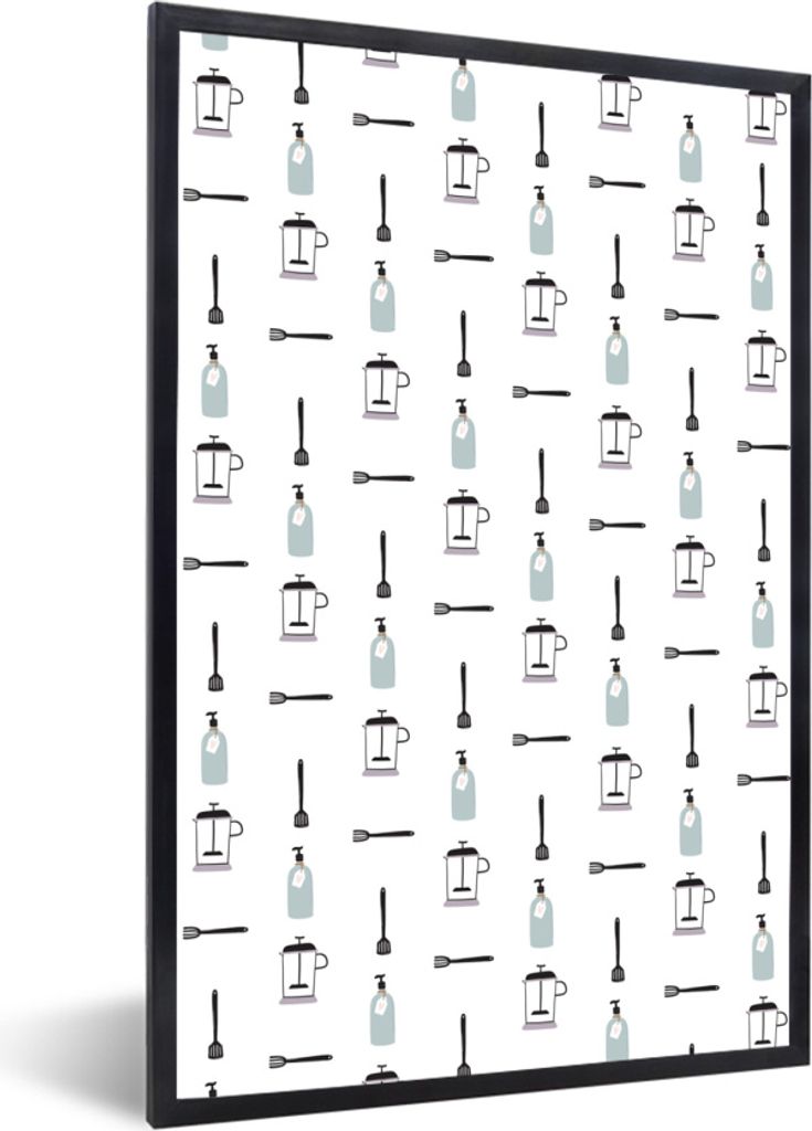 MuchoWow MuchoWow Gerahmtes Poster Küchengeräte - Muster - Grau 40x60 cm - Poster mit zchwarzem Bilderrahmen - Papierdruck - Wandbilder
