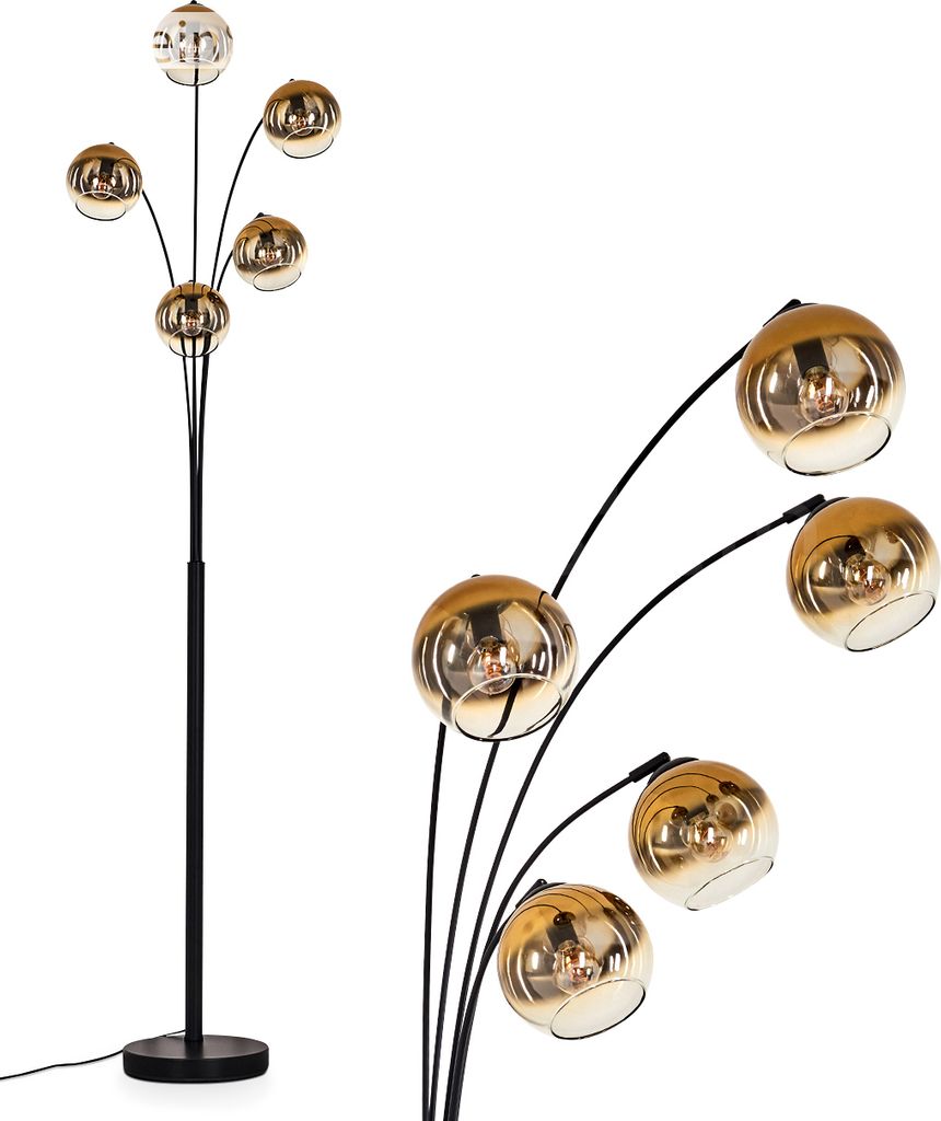 Cesaro Stehlampe aus Metall/Glas in Schwarz/Goldfarben/Klar