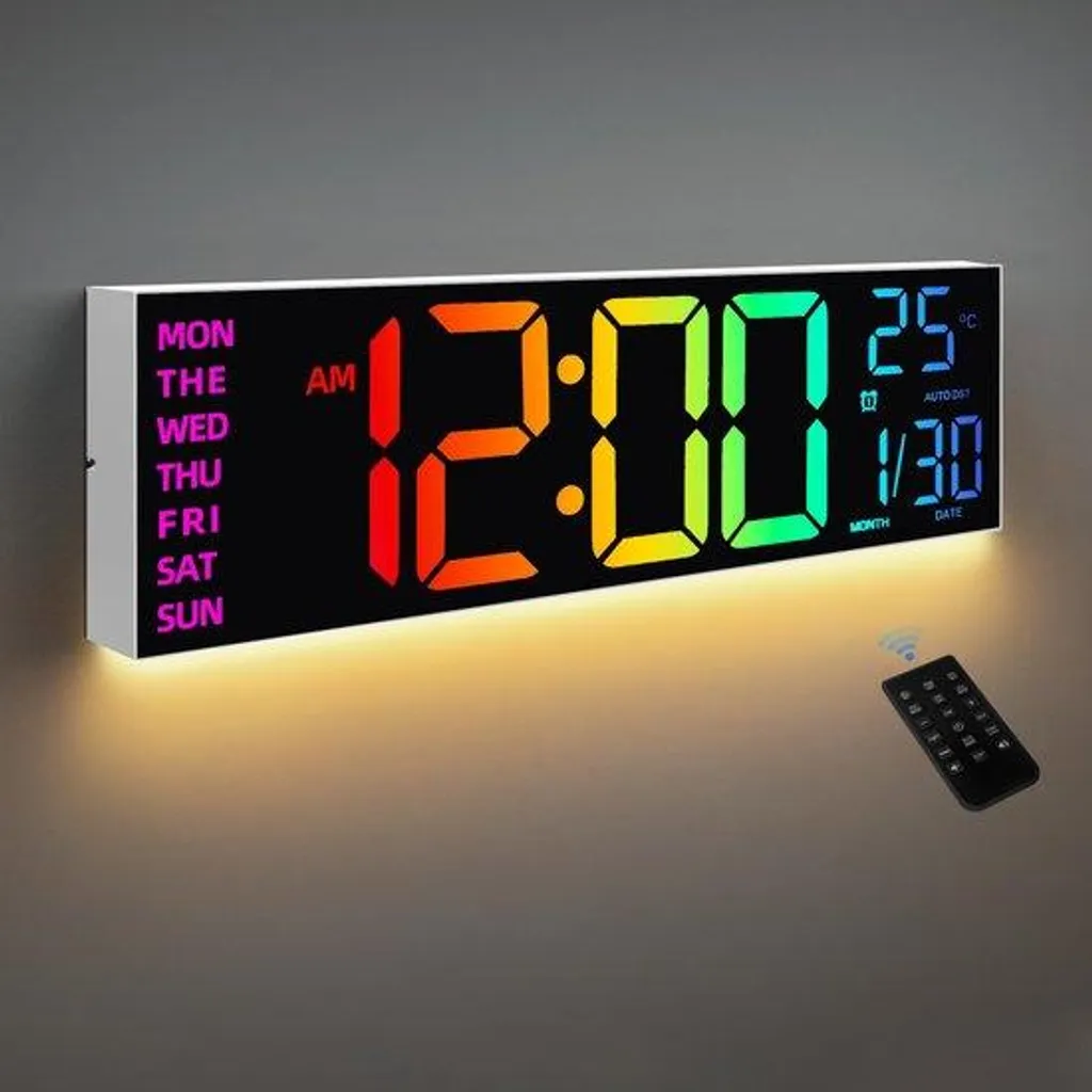Horloge numérique 8 couleurs à luminosité automatique grand écran LED