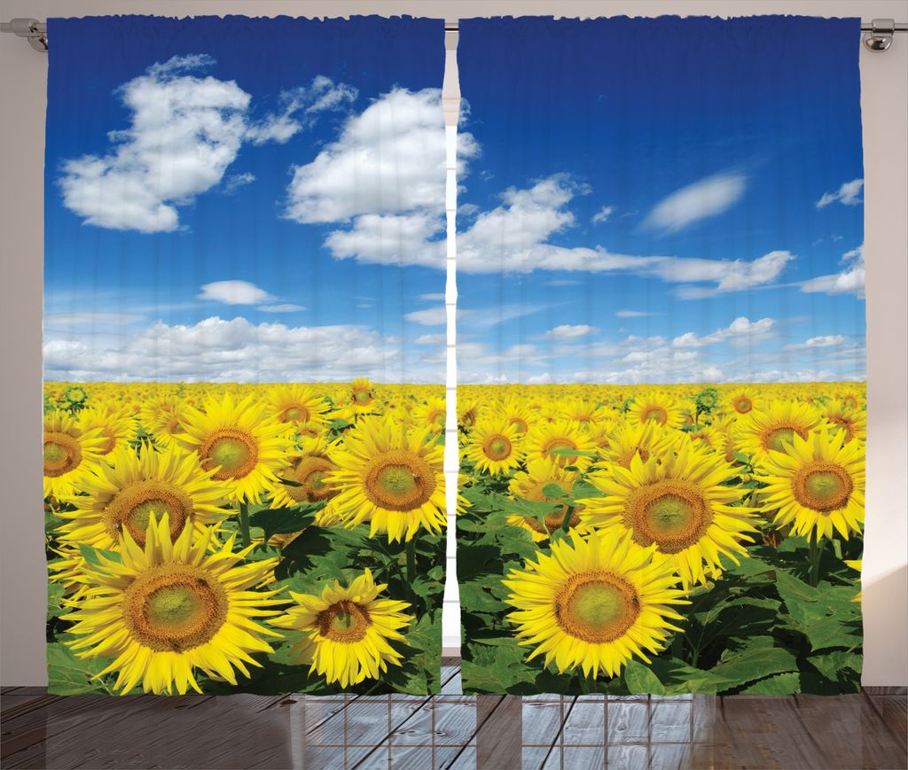 ABAKUHAUS Sonnenblume Rustikaler Gardine, Frische Feld Land, Schlafzimmer Kräuselband Vorhang mit Schlaufen und Haken, 280 x 175 cm, Grün Blau Gelb