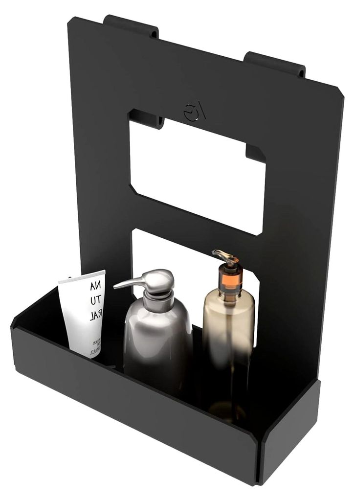 Duschregal zum Aufhängen mit 2 Handtuchhaltern in mattschwarz - Acrylglas-Duschseifenschale für Duschkabinen mit schwarzen Profilen