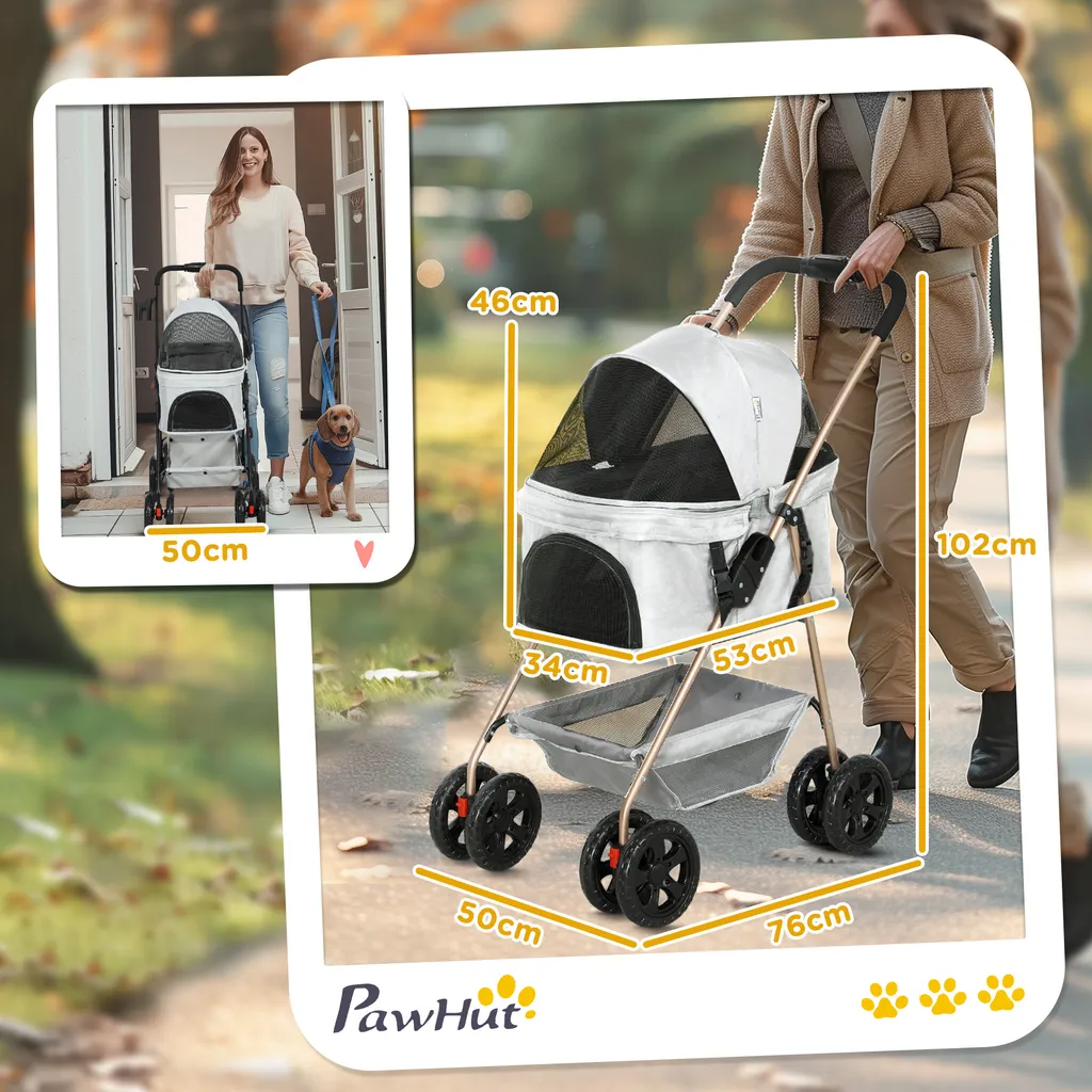 PawHut passeggino per cani 3 in 1 box per cani pieghevole, borsa da trasporto pieghevole con portabicchieri, passeggino per cani, passeggino per gatti con ruote a 360° passeggino per gatti per mini cani sotto i 4 kg, grigio chiaro - 3