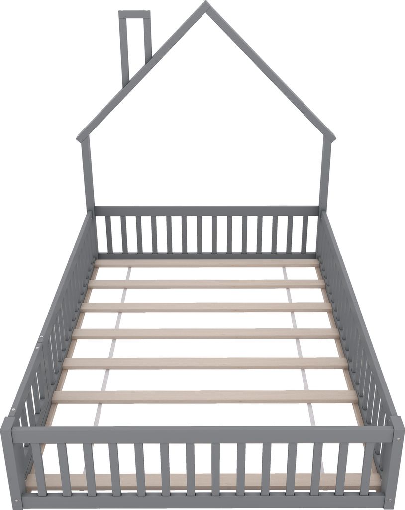 A gray wooden house-shaped bed frame with a slatted base, shown from a slightly elevated front-side angle against a white background.