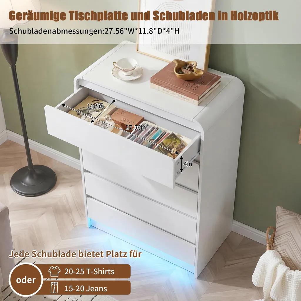 Commode de chambre blanche à 5 tiroirs ProximaX avec éclairage intégré