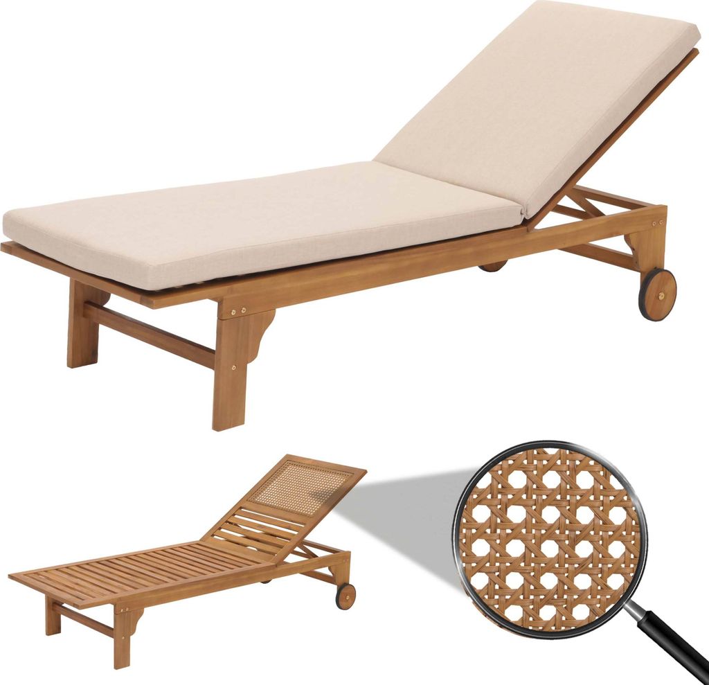 Sonnenliege HWC-N48, Gartenliege Relaxliege Liegestuhl, Massiv-Holz Akazie MVG- - Kissen creme-beige
