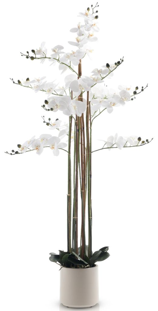 Meisterhome Orchidee Kunstpflanze 145 cm XL – Künstliche Phalaenopsis Orchidee weiß – Große realistische Deko Blume im Topf – für Wohnzimmer
