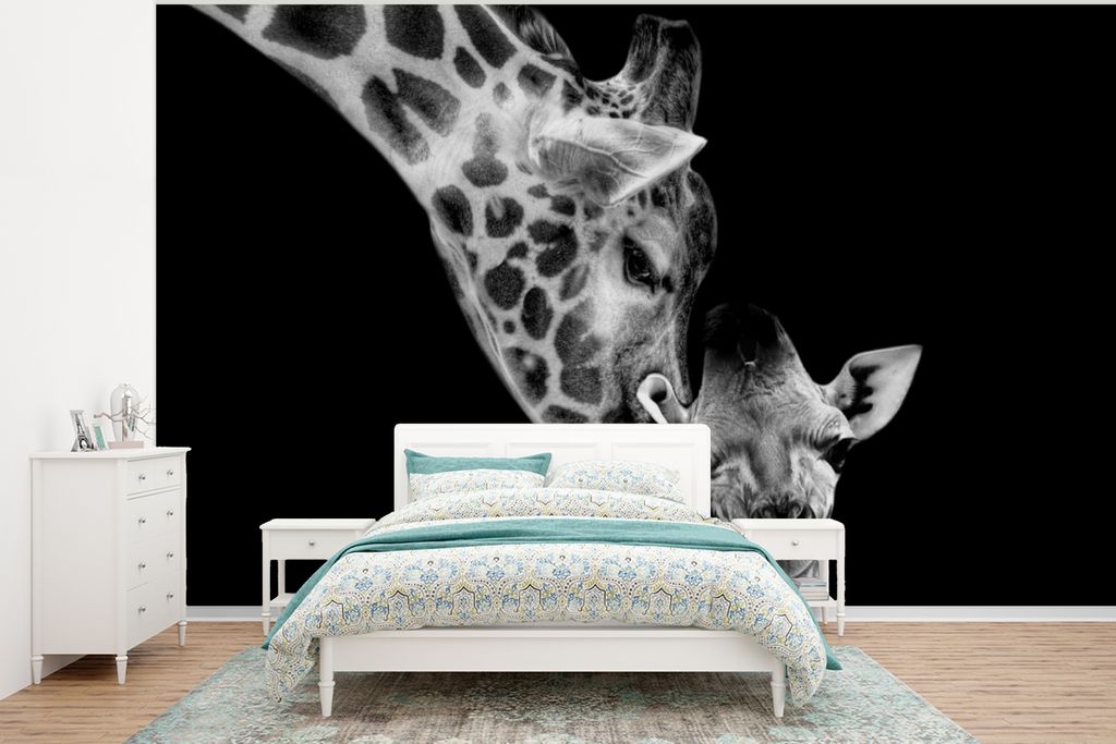 MuchoWow Fototapete für Wohnzimmer oder Schlafzimmer Wandtapete Vinyl Motivtapete Porträt - Giraffe - Tiere - Schwarz - Weiß - 320x240 cm - Ta...