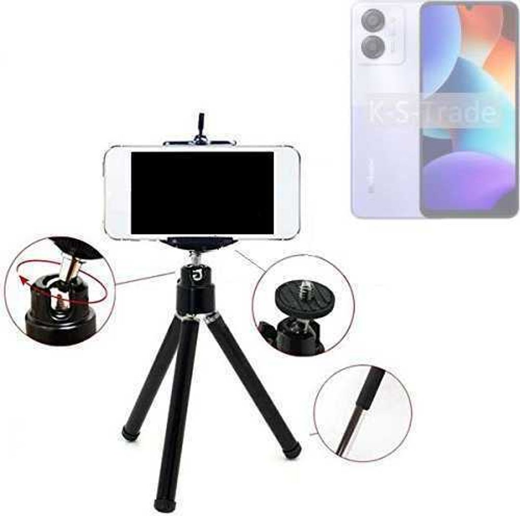 K-S-Trade Smartphone Stativ Dreibein kompatibel mit Blackview Color 8 Tripod aus Aluminium Klemmstativ Stativ Adapter für Mobiltelefone schwarz 1x