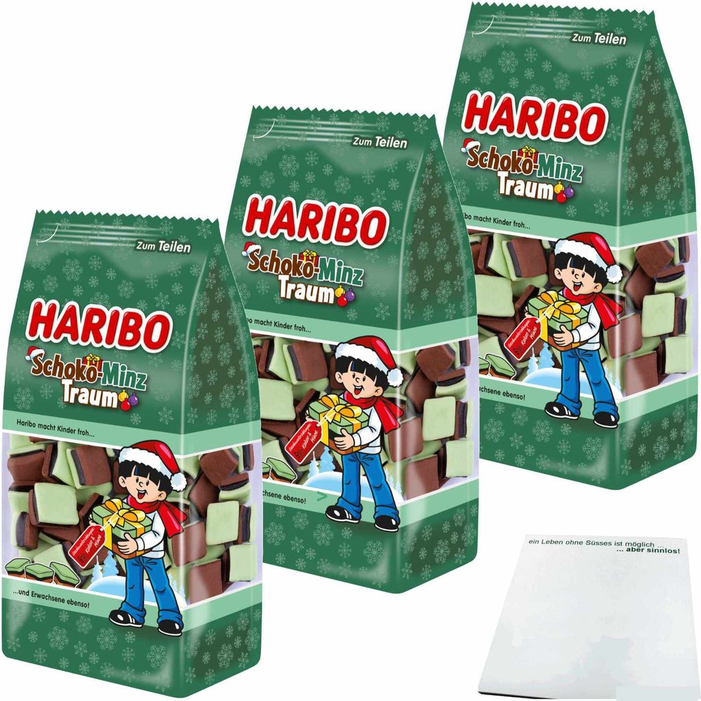 Haribo Schoko-Minz Traum Lakritz-Konfekt mit Schokoladen- und Minzgeschmack 3er Pack (3x300g Packung) + usy Block