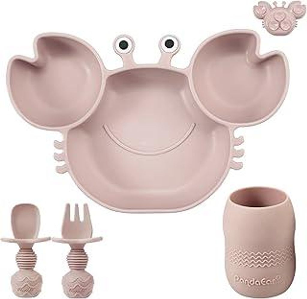 PandaEar Unterteilter Kinderteller mit Saugnapf und Trinklernbecher, Löffel - Rutschfester Silikon Babyteller 3 Geteilte, BPA-frei Babygeschirr Es...
