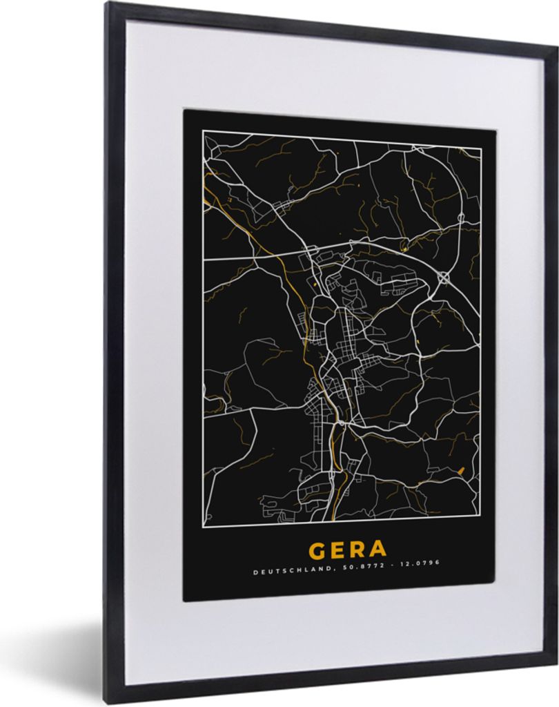 MuchoWow Gerahmtes Poster Gera - Gold - Stadtplan - Karte - Deutschland 30x40 cm - Poster mit Schwarzem Bilderrahmen Wandposter Rahmen Foto Bilde...