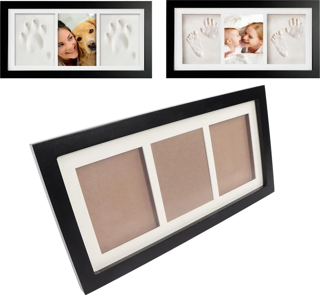 Set di impronte di bambino, stile rustico, decorativo, 3 griglie, legno composito, cornice in legno di pino, mano, foto nera, fango bianco - 4