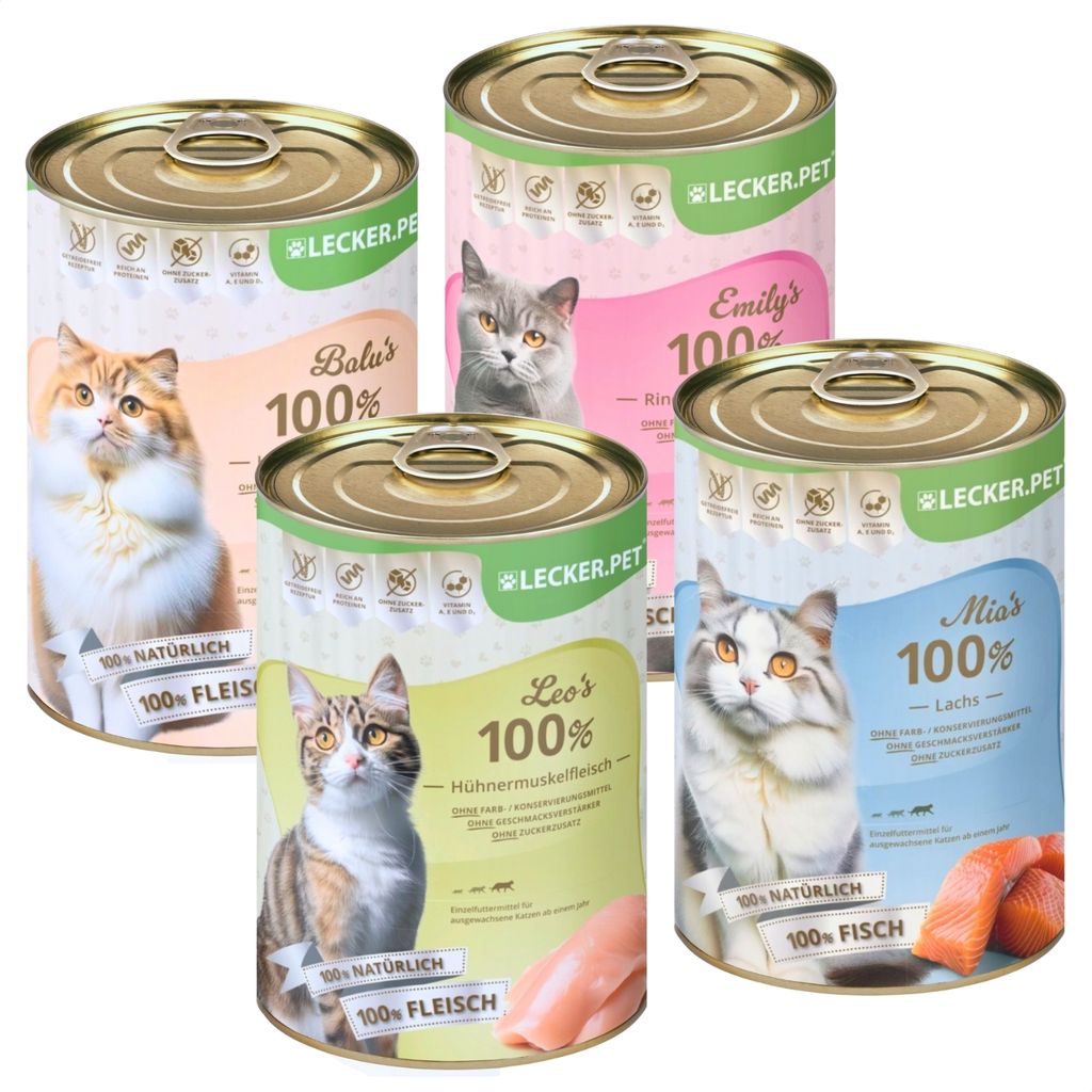 24 x 400 g Lecker.Pet Balu’s, Emily's, Leo's & Mia's 100 % Fisch & Fleisch Katzenfutter Nassfutter Mix