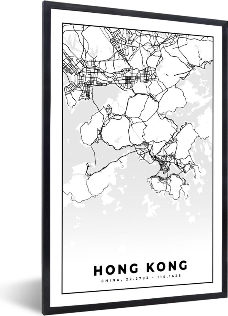 MuchoWow Gerahmtes Poster Karte - Hongkong - Schwarz und weiß - Stadtplan - Karte 60x90 cm - Poster mit Schwarzem Bilderrahmen Wandposter Rahmen...