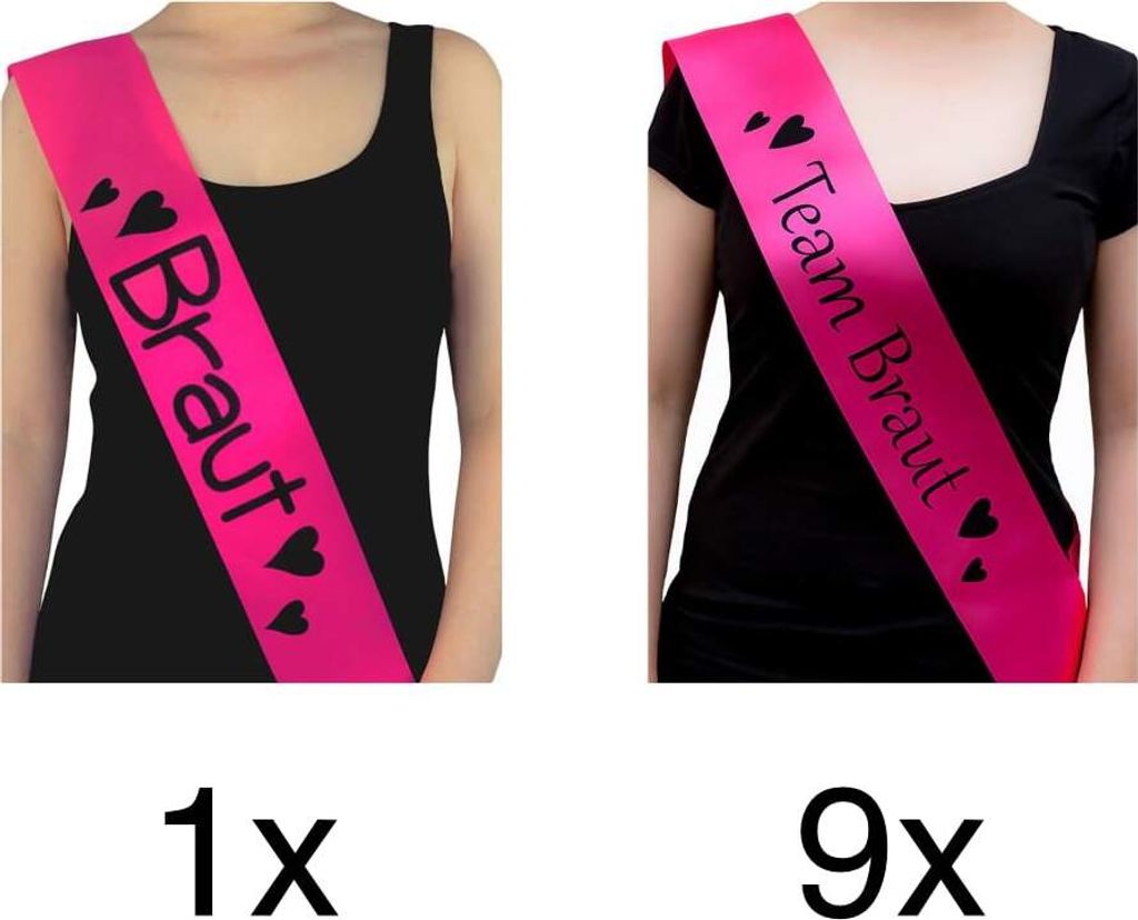 Oblique Unique Schärpe Braut + Team Braut Set JGA Hen Party Bride to be Herzen pink