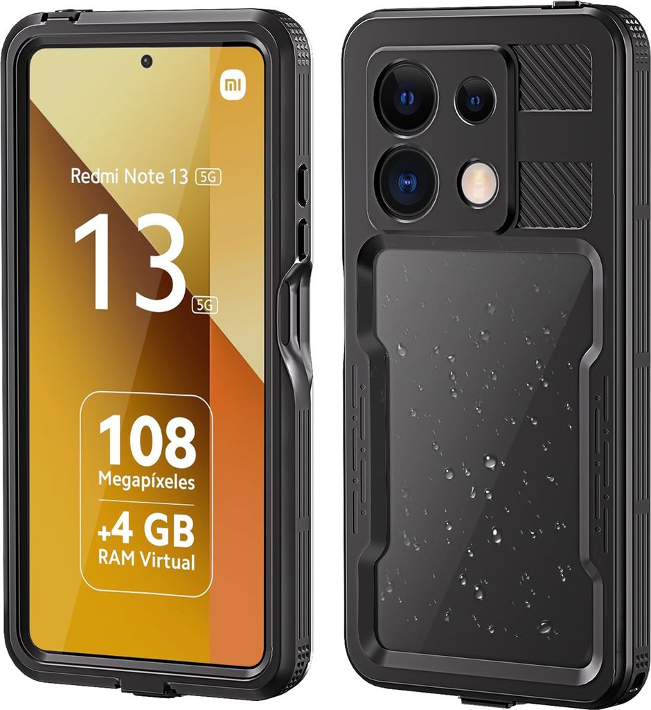IP68 Wasserdicht Hülle für Xiaomi Redmi Note 13 5G Full Body Stoßfest Schutzhülle mit eingebautem Displayschutzfolie Schwarz