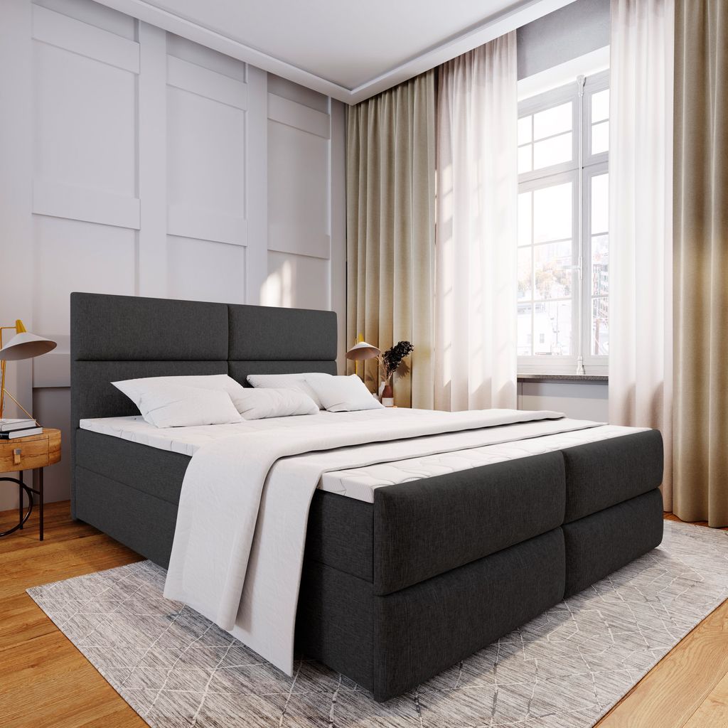 Masseno Boxspringbett MULEN 140x200 cm Komplett-Set mit Bonell Matratze und Topper, Polsterbett mit Bettkästen -Schwarz, SAWANA 14