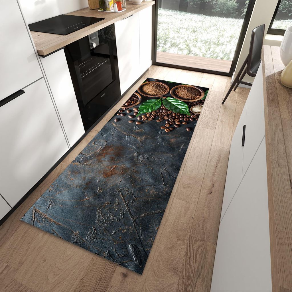 Küchenteppich 90x240cm rutschfest & abwischbar PVC Läufer - Kaffeebohnen Und Blaetter