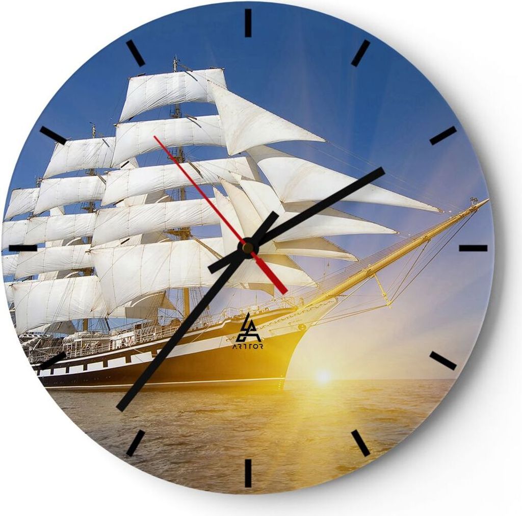 Wanduhr - Rund - Glasuhr - Yacht Meer Welle - 30x30cm - Produktbild 