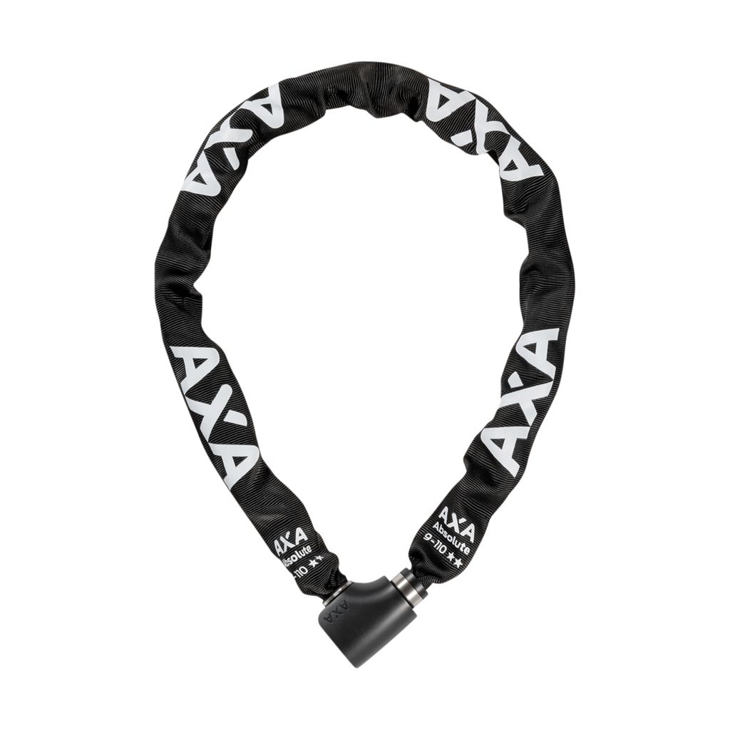 A black chain lock with white lettering on a white background.