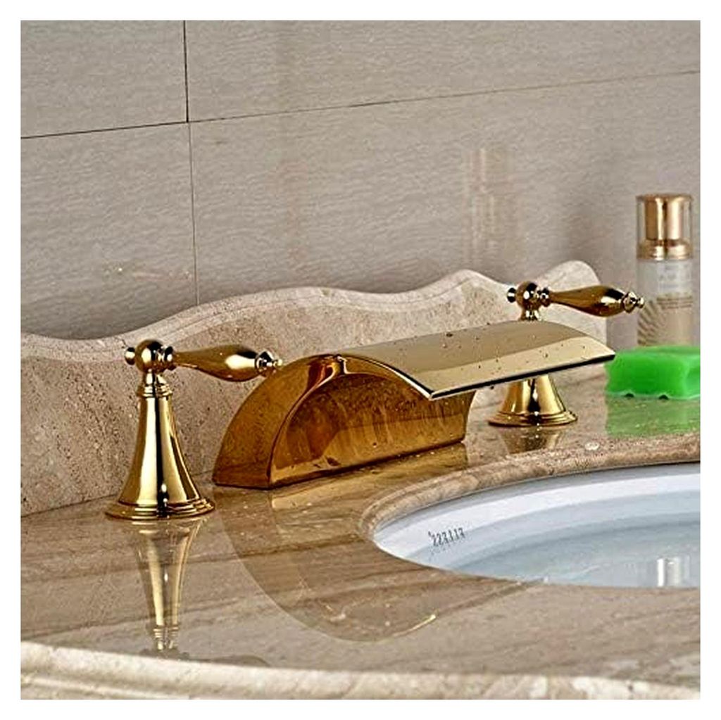Moderne, weitläufige, an Deck montierte Wasserfall-Waschtischarmatur in Gold mit zwei Griffen für das Badezimmer