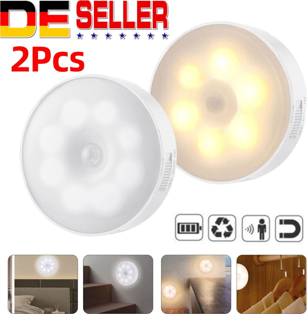 LED Nachtlicht mit-PIR Bewegungsmelder 2 Set Sensor USB Nachtlampe Treppenlicht Kaltweiss