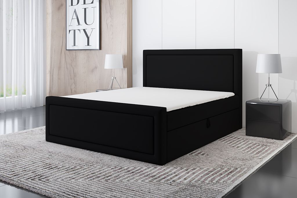 Boxspringbett GERI 200 x 200 mit 2 Bettkästen, Bonell-Matratze und Topper. Farbe: Schwarz