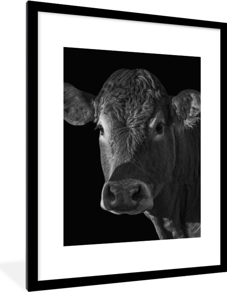 MuchoWow Gerahmtes Poster Kuh - Tiere - Schwarz - Weiß - Porträt 60x80 cm - Poster mit Schwarzem Bilderrahmen Wandposter Rahmen Foto Bilder - W...