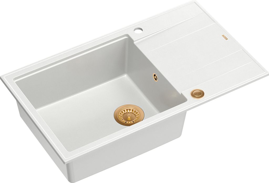QUADRON Spülbecken 1-Becken Spüle | Größe: 86 x 50 x 21 cm | EVAN 136 | Küchenspüle Granitspüle aus GraniteQ mit Siphon | Weiß & Kupfer