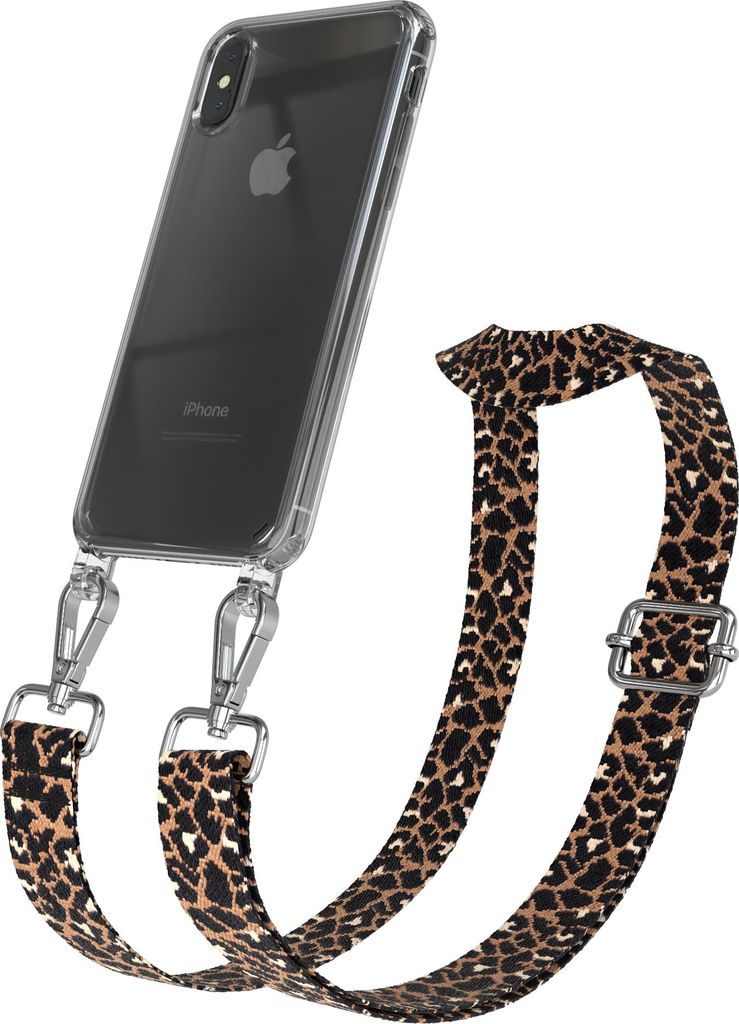 Apple iPhone X / XS Chain Eyelets Slim Neck Strap Set Leo Style 13 Black/Brown 02 Metall Silver -EOL